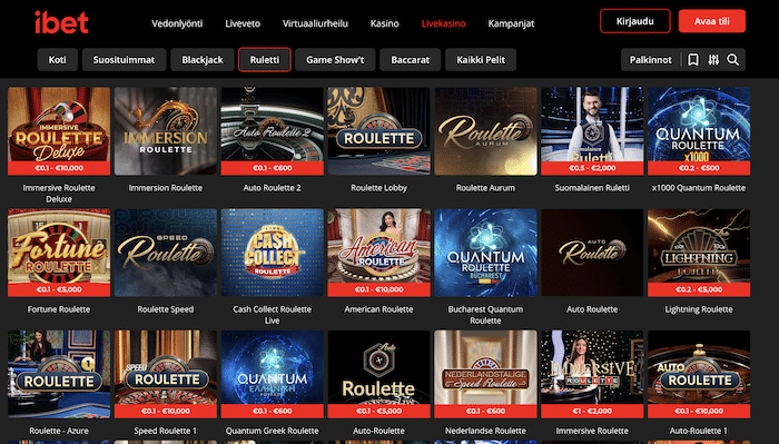 iBetin live-rulettivalikoimaa. Panoskoot näkyvät ikonissa.