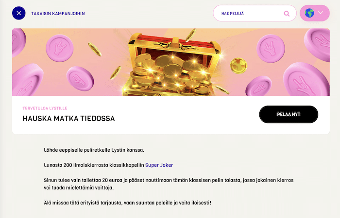 Lysti Kasinon tervetulobonus 200 ilmaiskierrosta