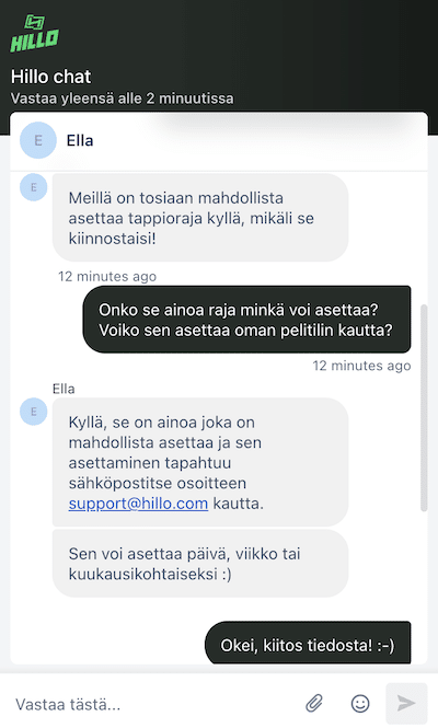 Chat-keskustelu Hillo Kasinon asiakaspalvelun kanssa 