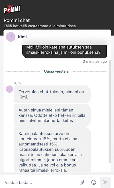 Chat-keskustelu Pommin tukitiimiläisen kanssa