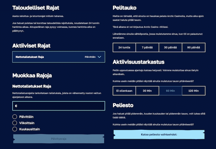 Vastuullisen pelaamisen työkalut -sivu Arctic Casinolla