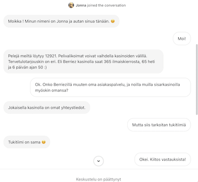 Juttelua Berriezin asiakaspalvelun kanssa