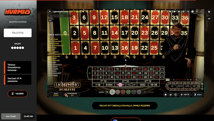 Ruletin pelaamista Hurmion live-kasinolla