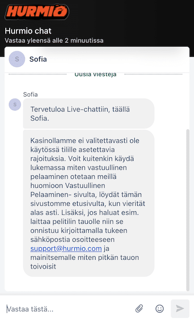 Hurmio-kasinon asiakastuki chatissa