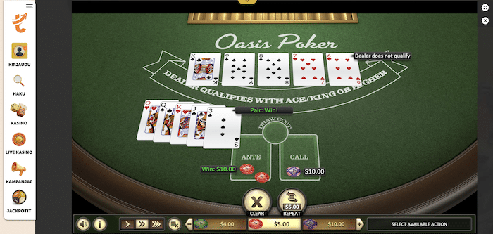 Voittokäsi Oasis Poker -pelissä Tykitys-kasinolla.