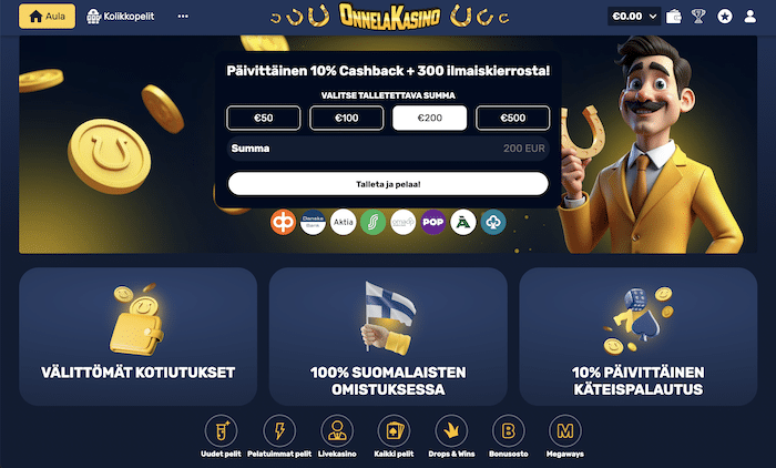 Onnela Kasinon bonus etusivulla, 300 ilmaiskierrosta
