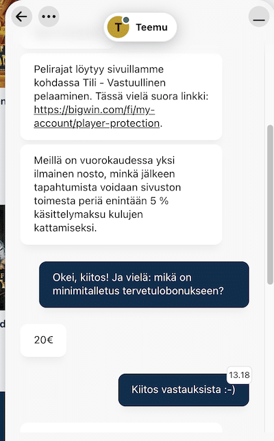 Juttelua chatissa tukihenkilön kanssa.