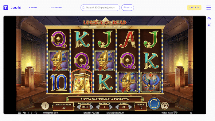 Pelisessiossa Tuohi-kasinon tervetulobonuksena saadut 50 ilmaiskierrosta