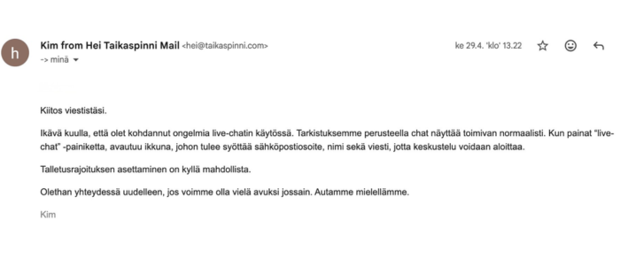TaikaSpinnin asiakaspalvelun lähettämän sähköpostivastaus