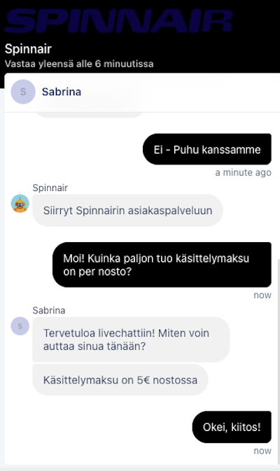 Juttelua Spinnairin chat-asiakaspalvelun kanssa