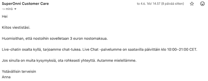 SuperOnni-kasinon lähettämä sähköpostivastaus