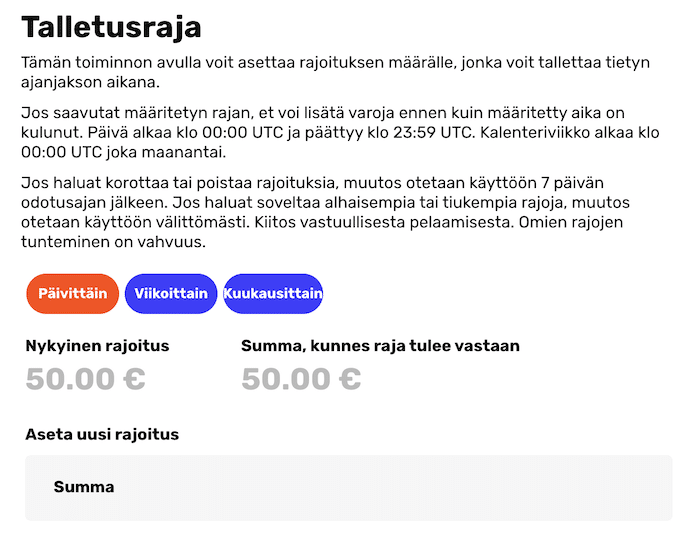 Esimerkki talletusrajasta Tuhti-kasinolla